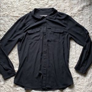 LOFT Petite Black Sheer Button Down Collar Shirt
